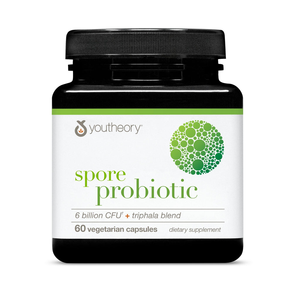 Youtheory Spore Probiotic bottle on a shelf for daily gut wellness.