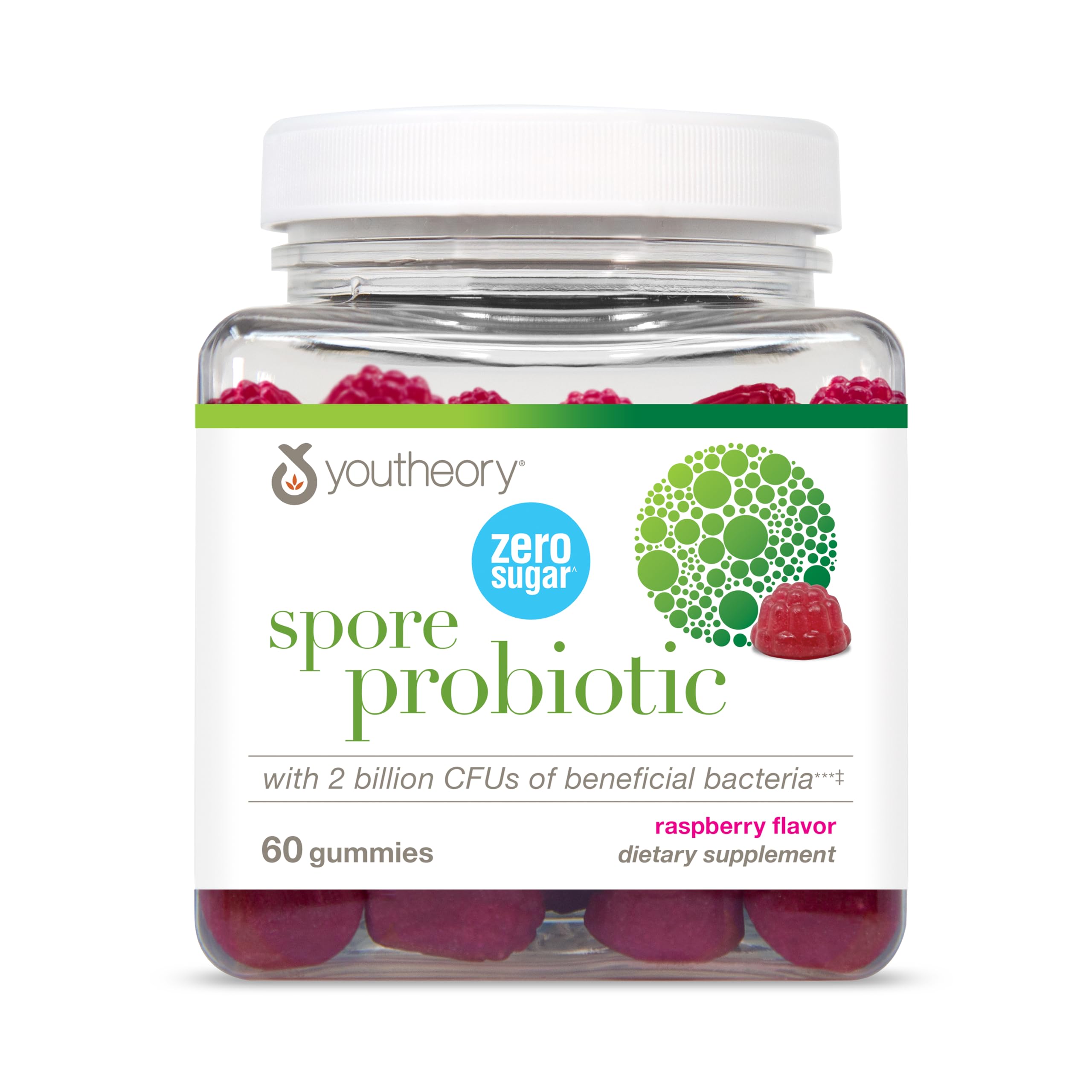 Gomitas probióticas Youtheory Spore, envase visible y enfoque en el producto.