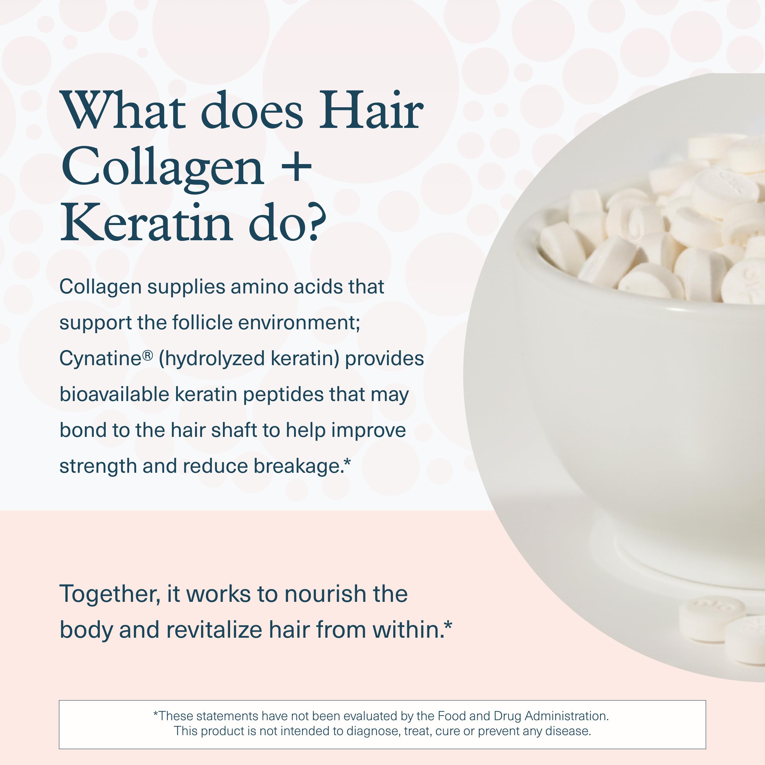 Tablets on hand illustrating convenient daily supplement routine with keratin and collagen