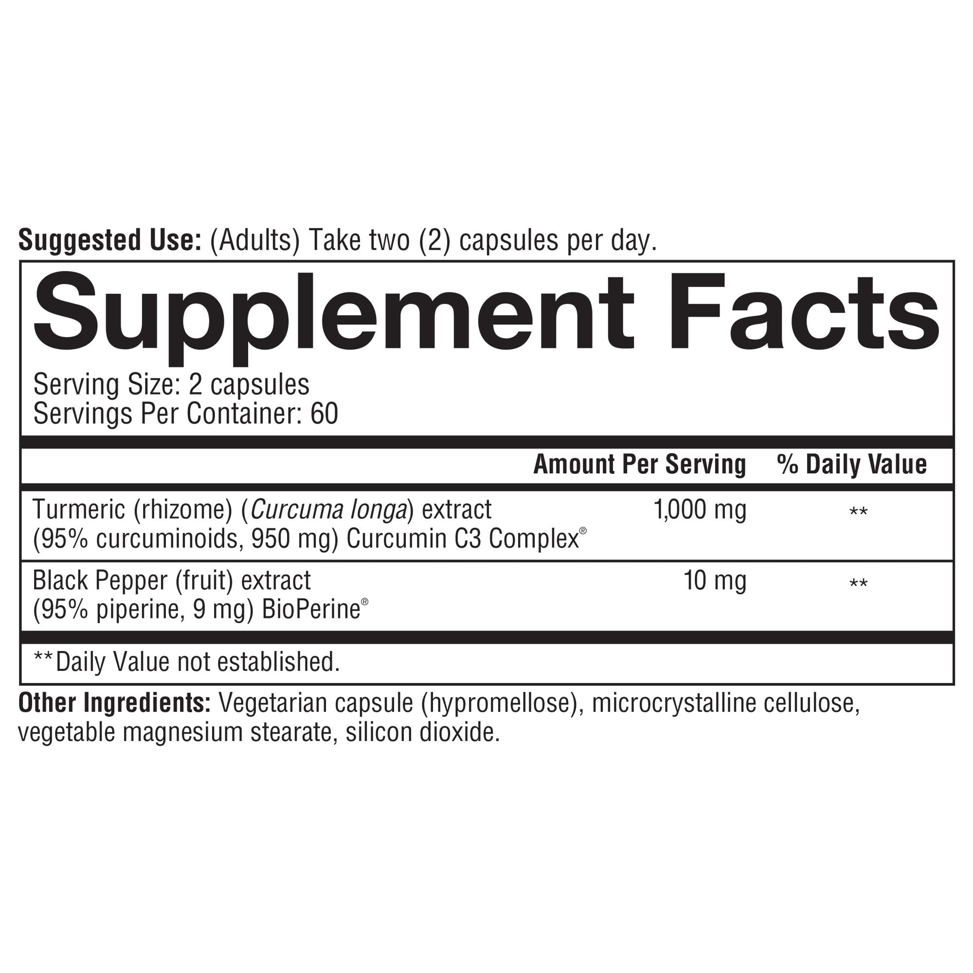 Youtheory Turmeric Extra Strength back label with supplement facts and purity notes