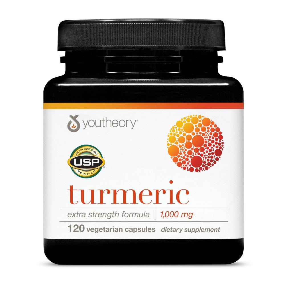 Youtheory Turmeric Extra Strength bottle front view highlighting potency
