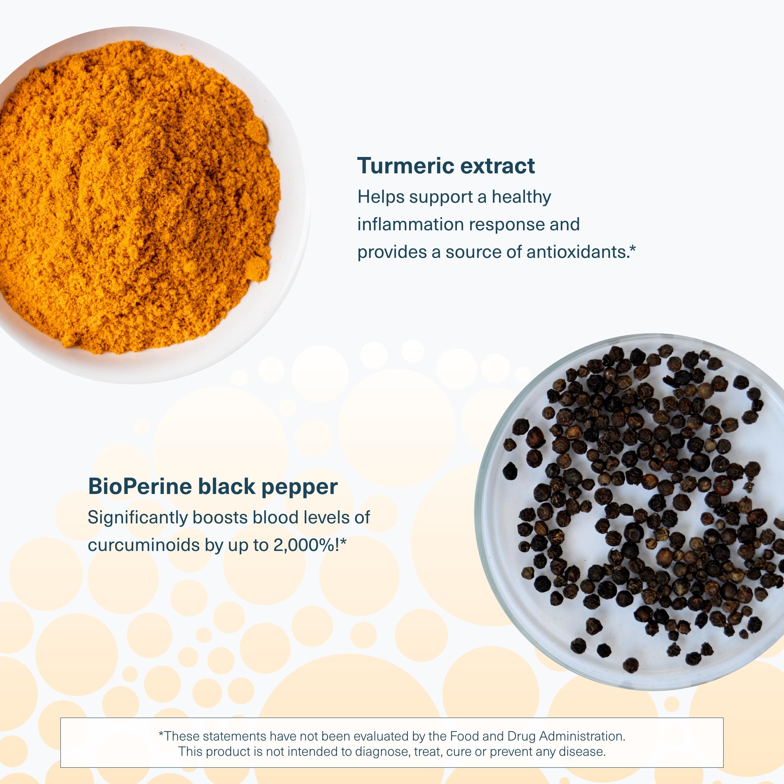 Ingredient close-up shows curcuminoids and black pepper for absorption