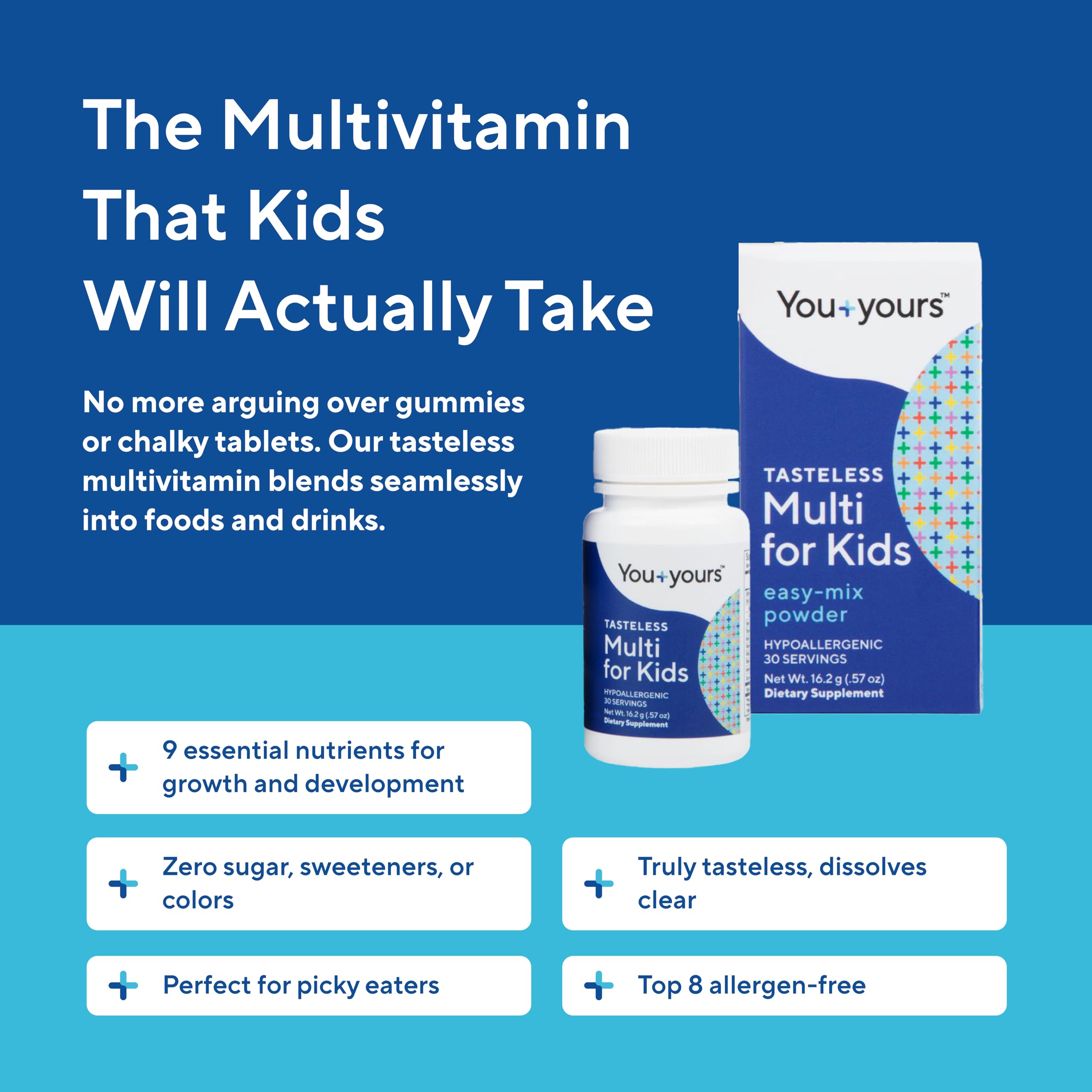 You+yours tasteless multivitamin powder for kids mixes into soft foods without texture impact