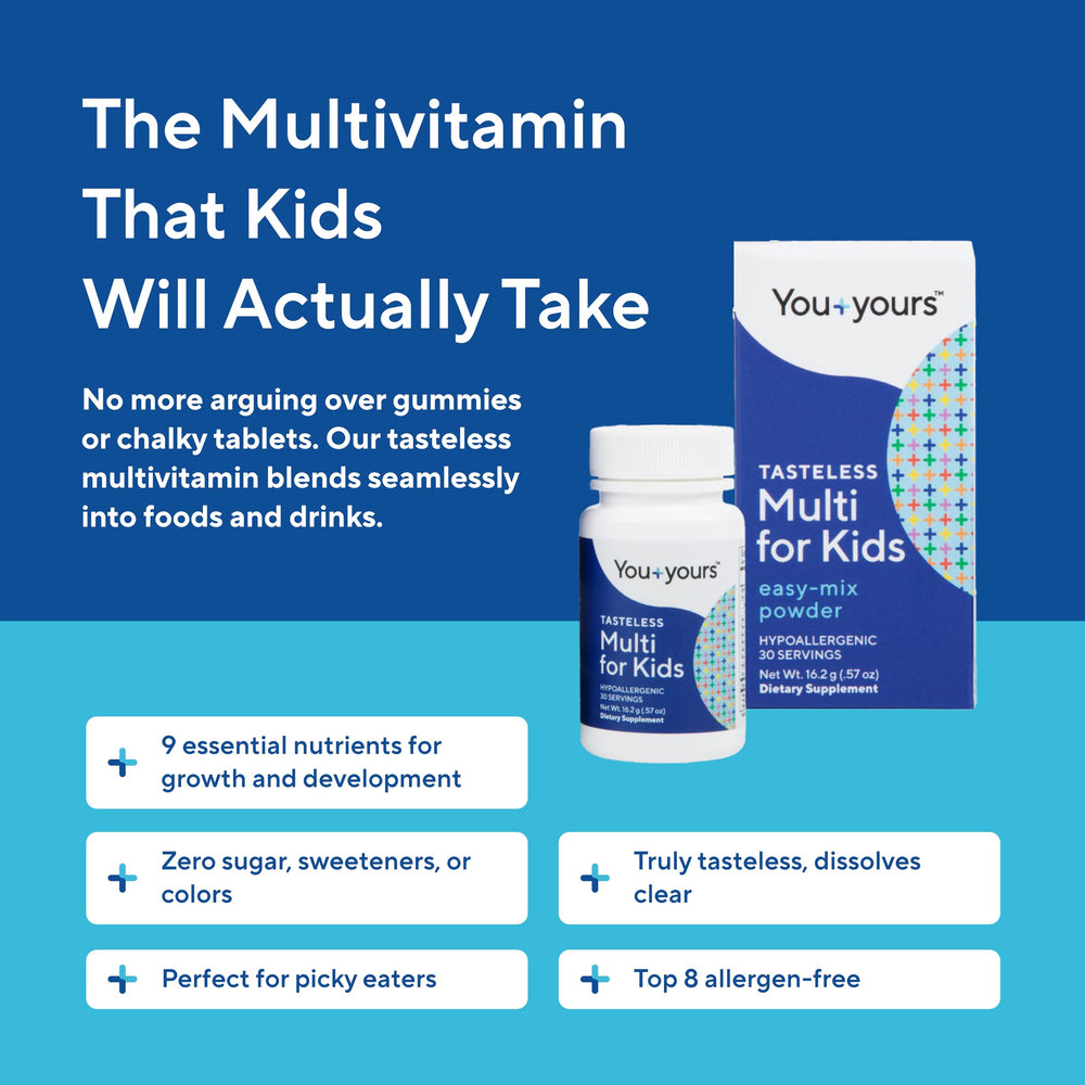 You+yours tasteless multivitamin powder for kids mixes into soft foods without texture impact