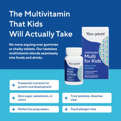 You+yours tasteless multivitamin powder for kids mixes into soft foods without texture impact