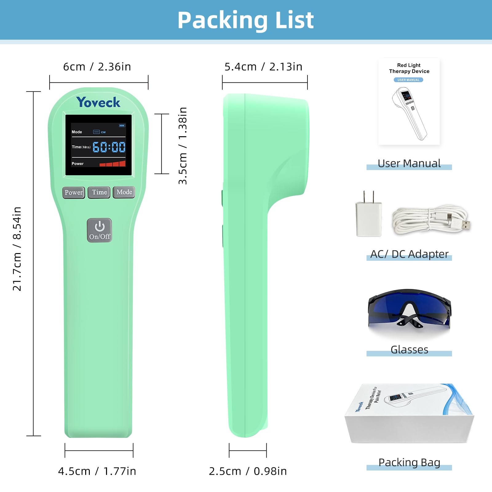 Yoveck package contents: device, charger, glasses, and manual.