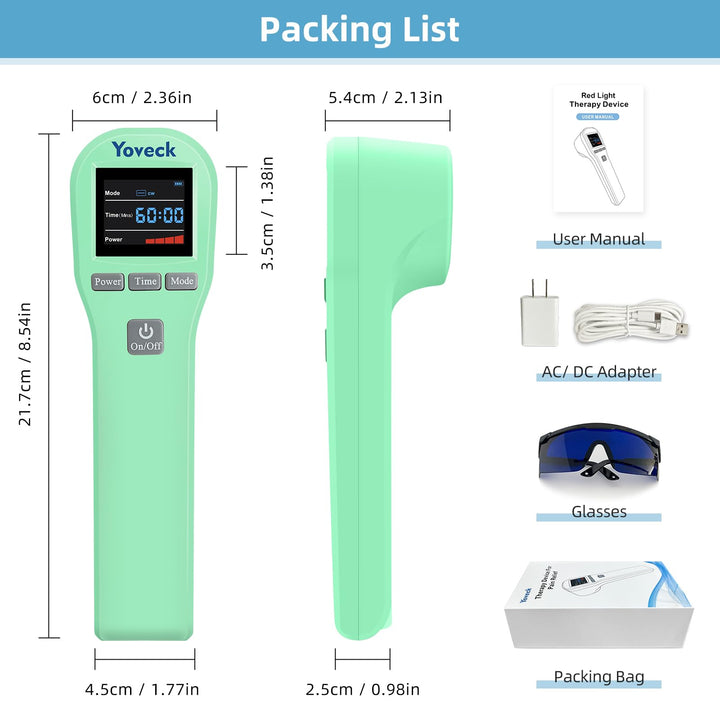Yoveck package contents: device, charger, glasses, and manual.