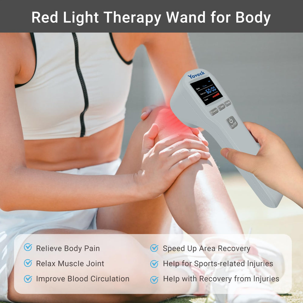 Yoveck red light therapy device side view, portable for on-the-go relief.