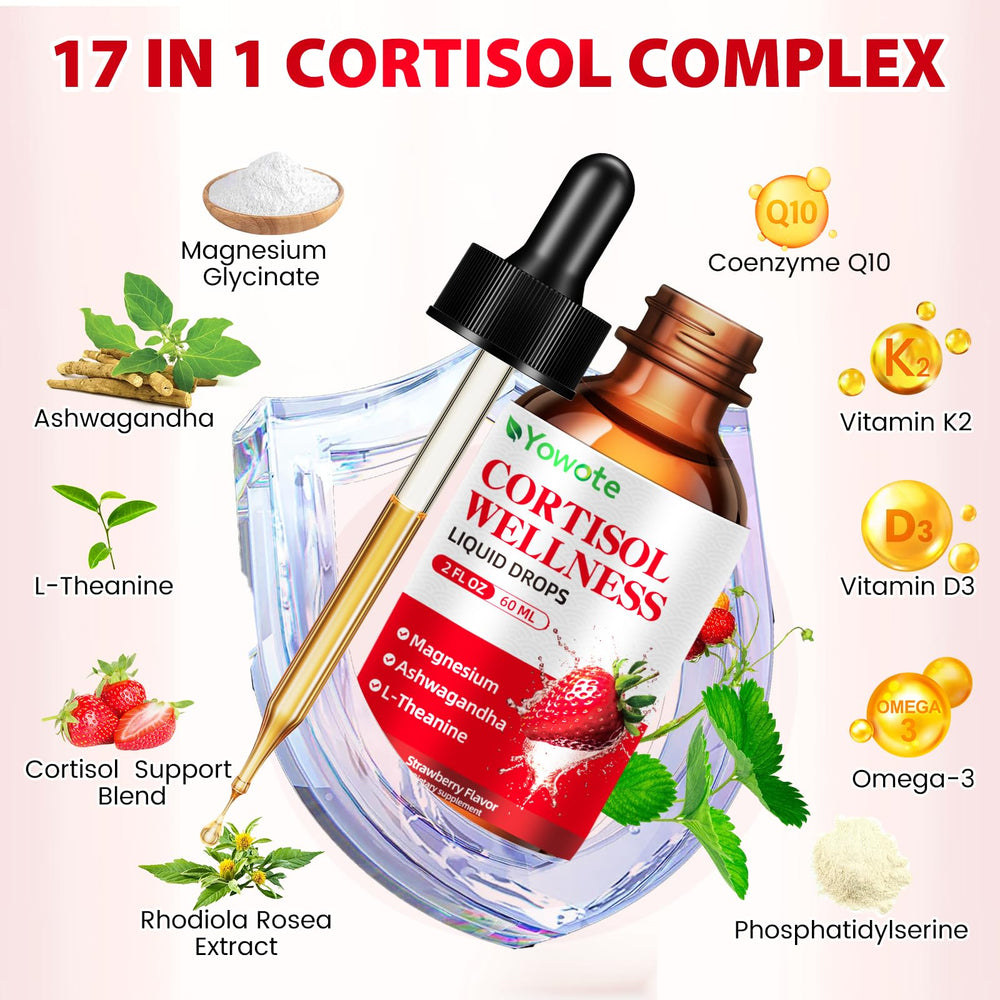 Glass of strawberry tinted YOWOTE cortisol drops ready to enjoy