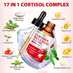 Glass of strawberry tinted YOWOTE cortisol drops ready to enjoy