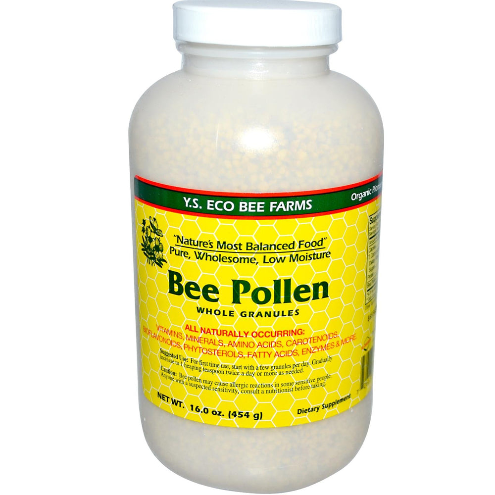 YS Eco Bee Farms Bee Pollen granules in a jar showing natural texture for daily use