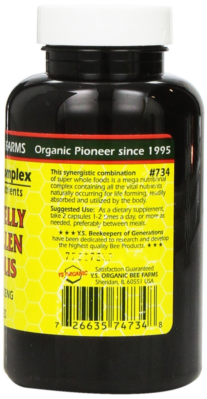 YS Eco Bee Farms propolis capsules close-up showing a versatile supplement blend.