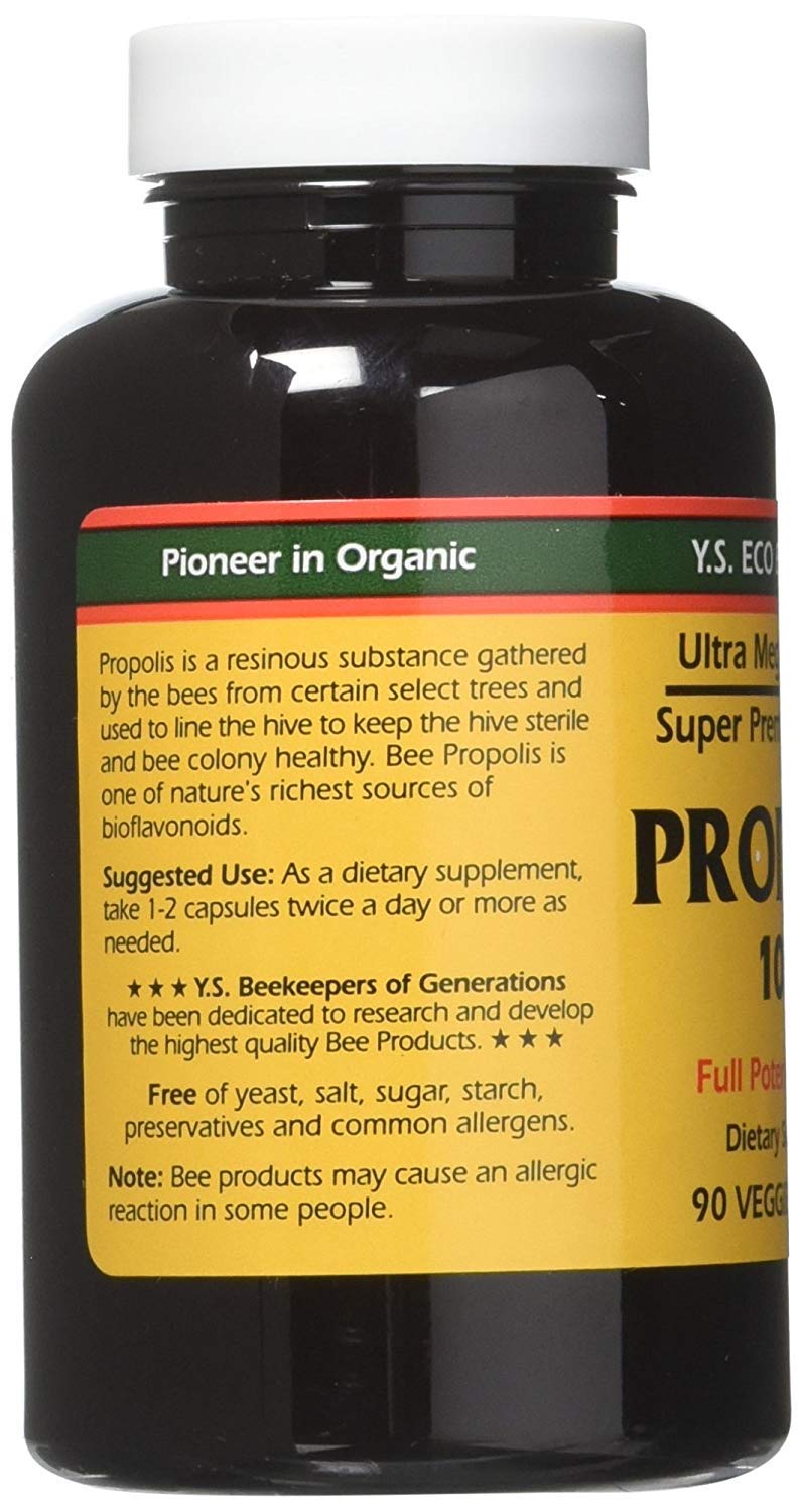 YS Eco Bee Farms Propolis capsules closeup for daily supplement option.