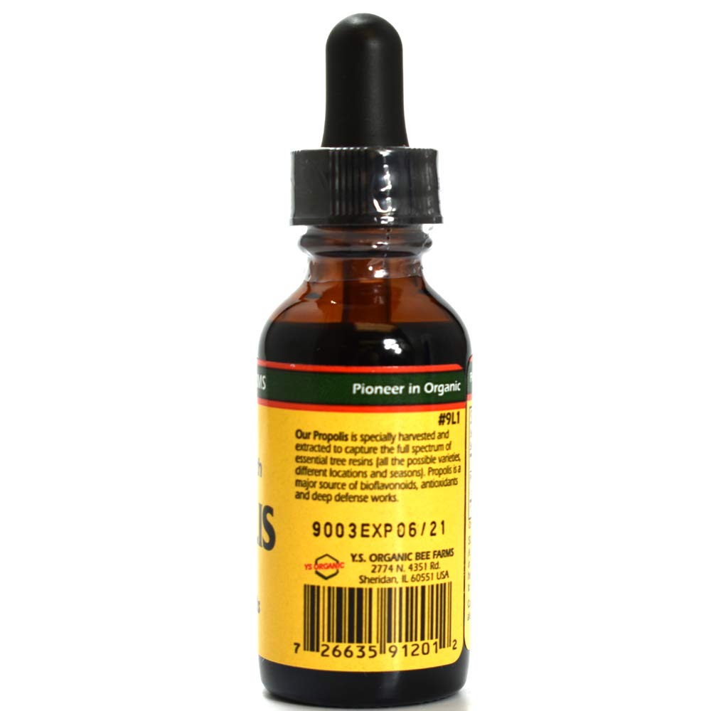 Label close-up of YS Eco Bee Farms organic propolis 70 percent