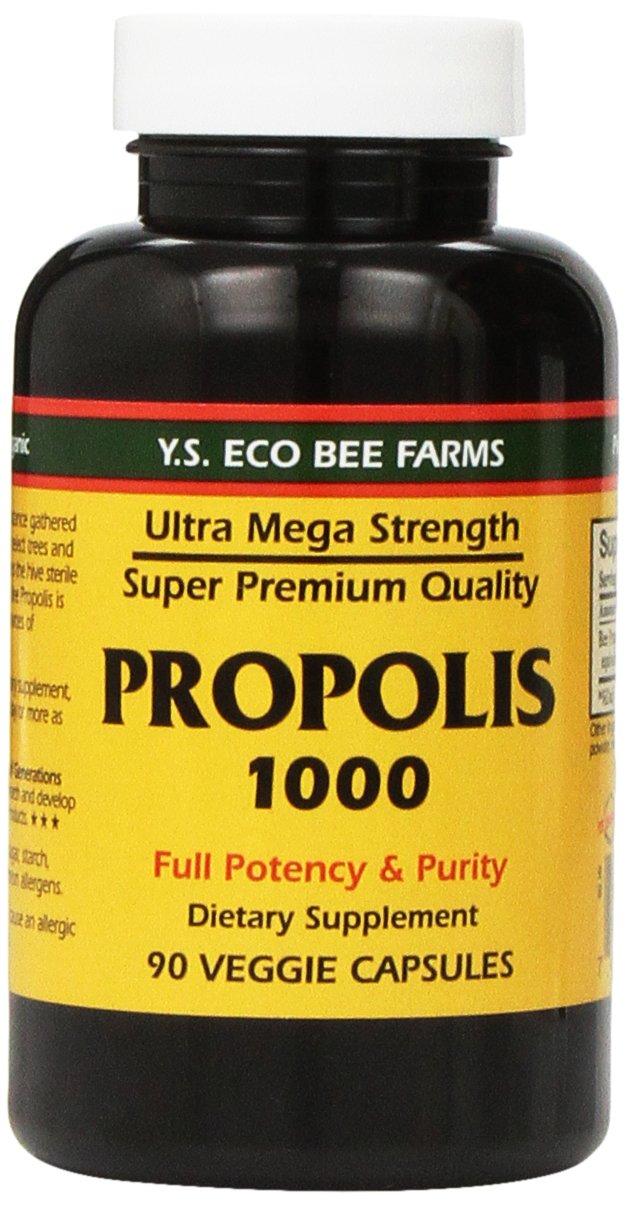 YS Eco Bee Farms Propolis Raw 1000mg bottle shown for daily use.