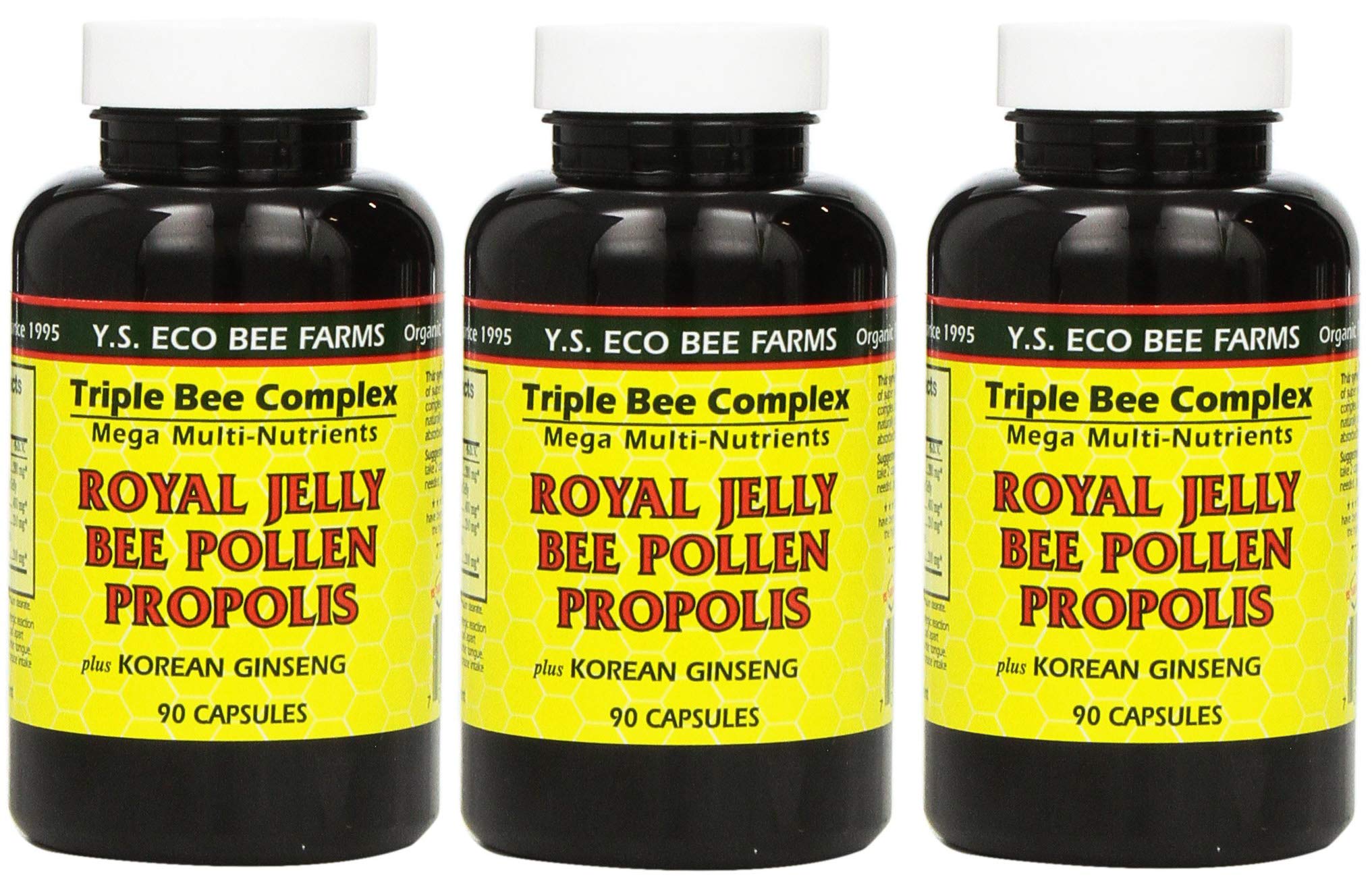 YS Eco Bee Farms royal jelly 3-pack bottle close-up for daily vitality.
