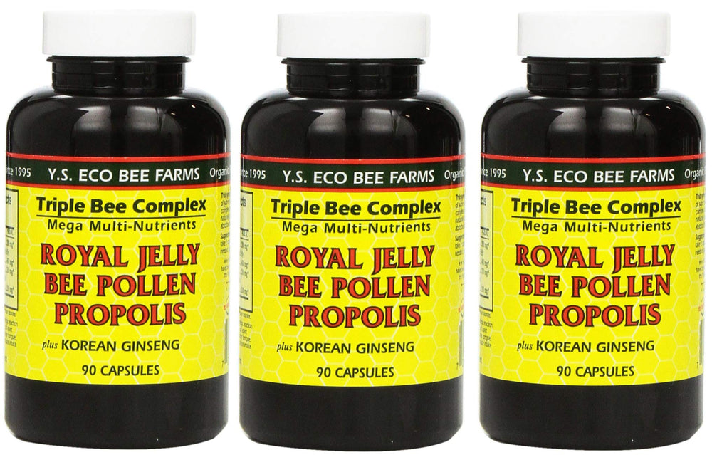 YS Eco Bee Farms royal jelly 3-pack bottle close-up for daily vitality.