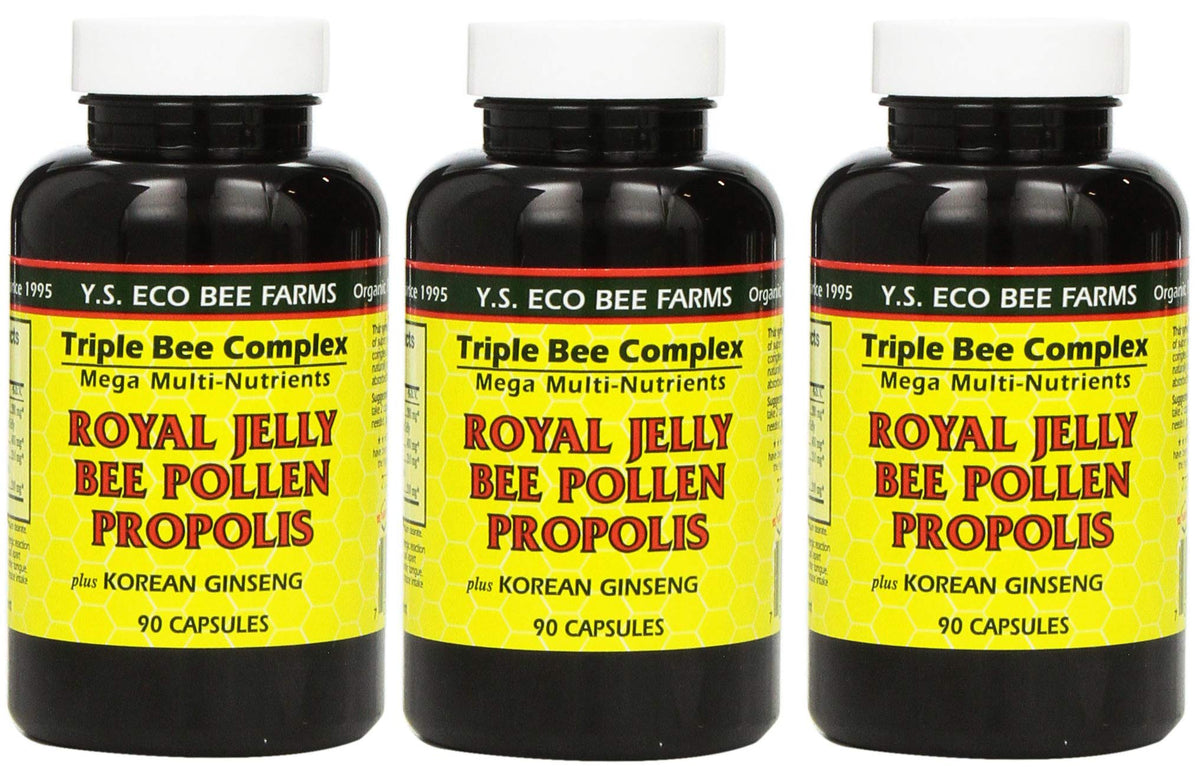 YS Eco Bee Farms royal jelly 3-pack bottle close-up for daily vitality.