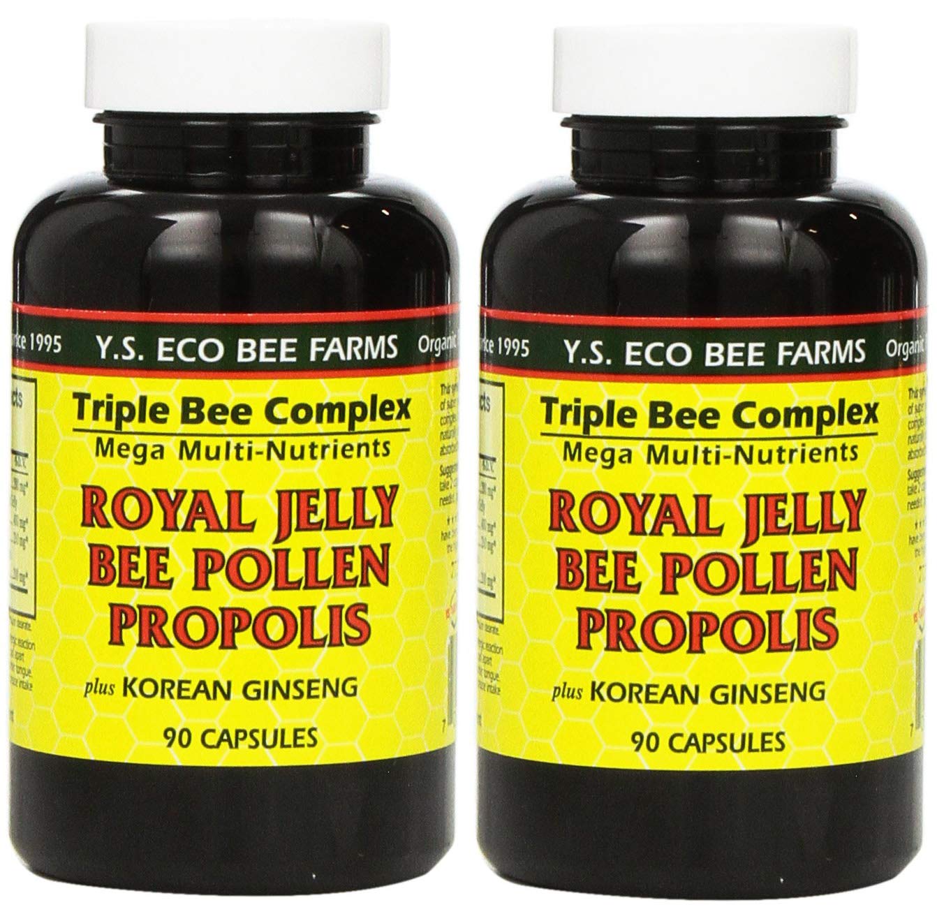 YS Eco Bee Farms royal jelly bee pollen propolis plus Korean ginseng bottle front, highlighting product packaging and high-quality blend