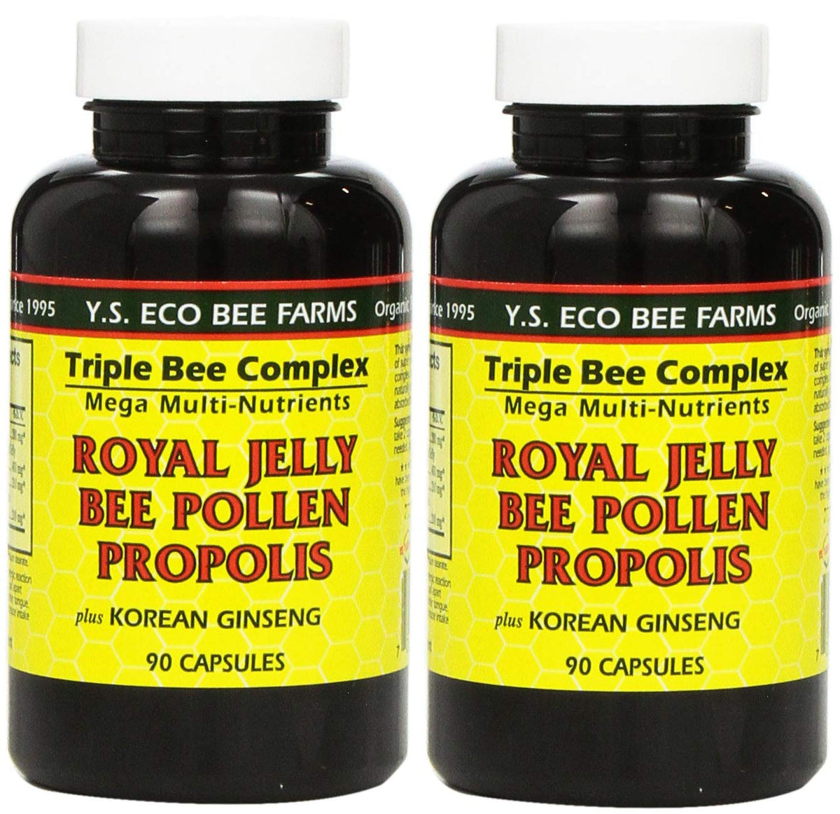 YS Eco Bee Farms royal jelly bee pollen propolis plus Korean ginseng bottle front, highlighting product packaging and high-quality blend