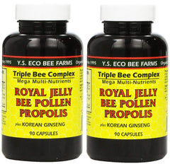 YS Eco Bee Farms royal jelly bee pollen propolis plus Korean ginseng bottle front, highlighting product packaging and high-quality blend