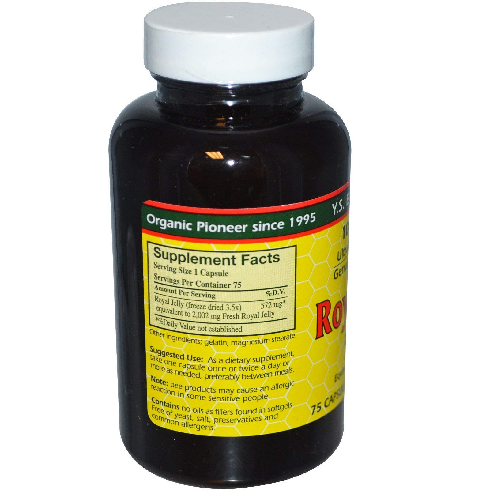 Close-up of YS Eco Bee Farms Royal Jelly capsules for easy daily support.