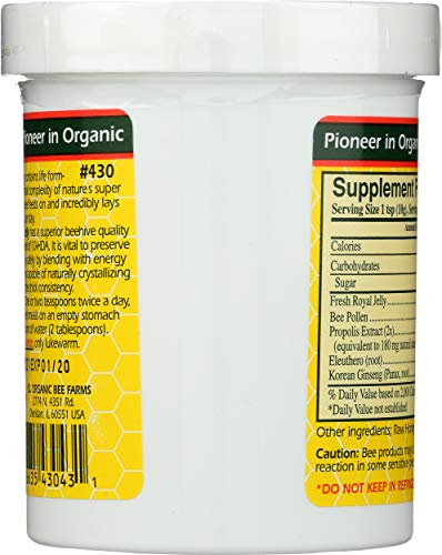 Label close-up on YS Eco Bee Farms royal jelly honey gel highlights Ult Strength formula.