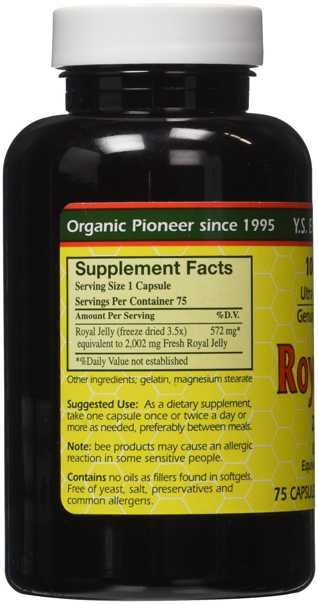YS Eco Bee Farms Royal Jelly label highlights 75 capsules for easy daily use.