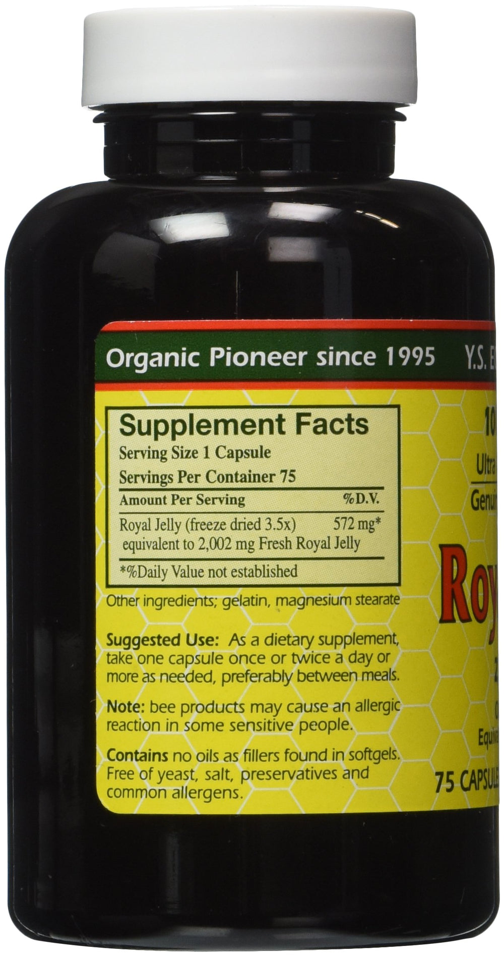 YS Eco Bee Farms Royal Jelly label highlights 75 capsules for easy daily use.