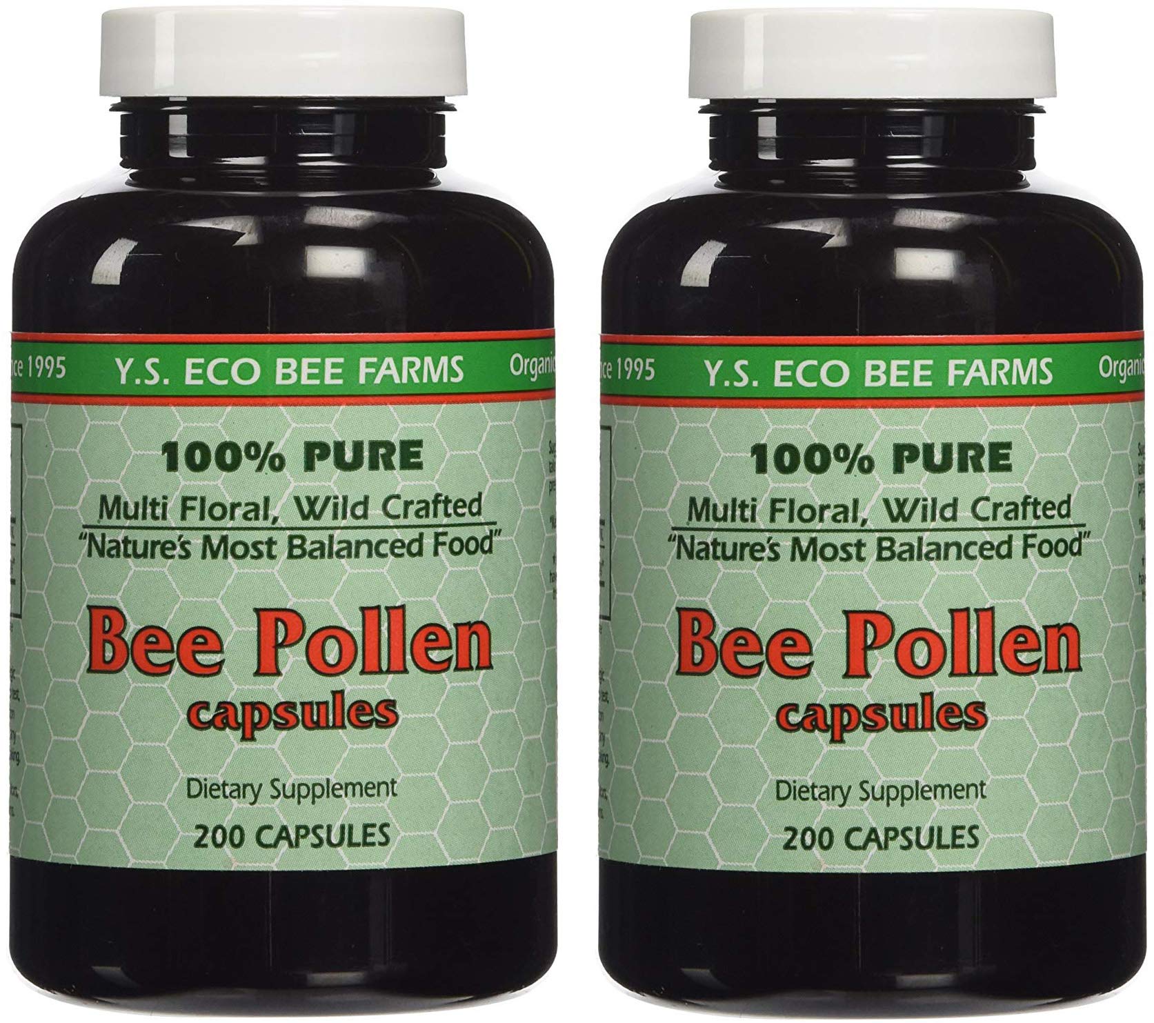 YS Organics Bee Pollen capsules bottle front view showing daily energy support.