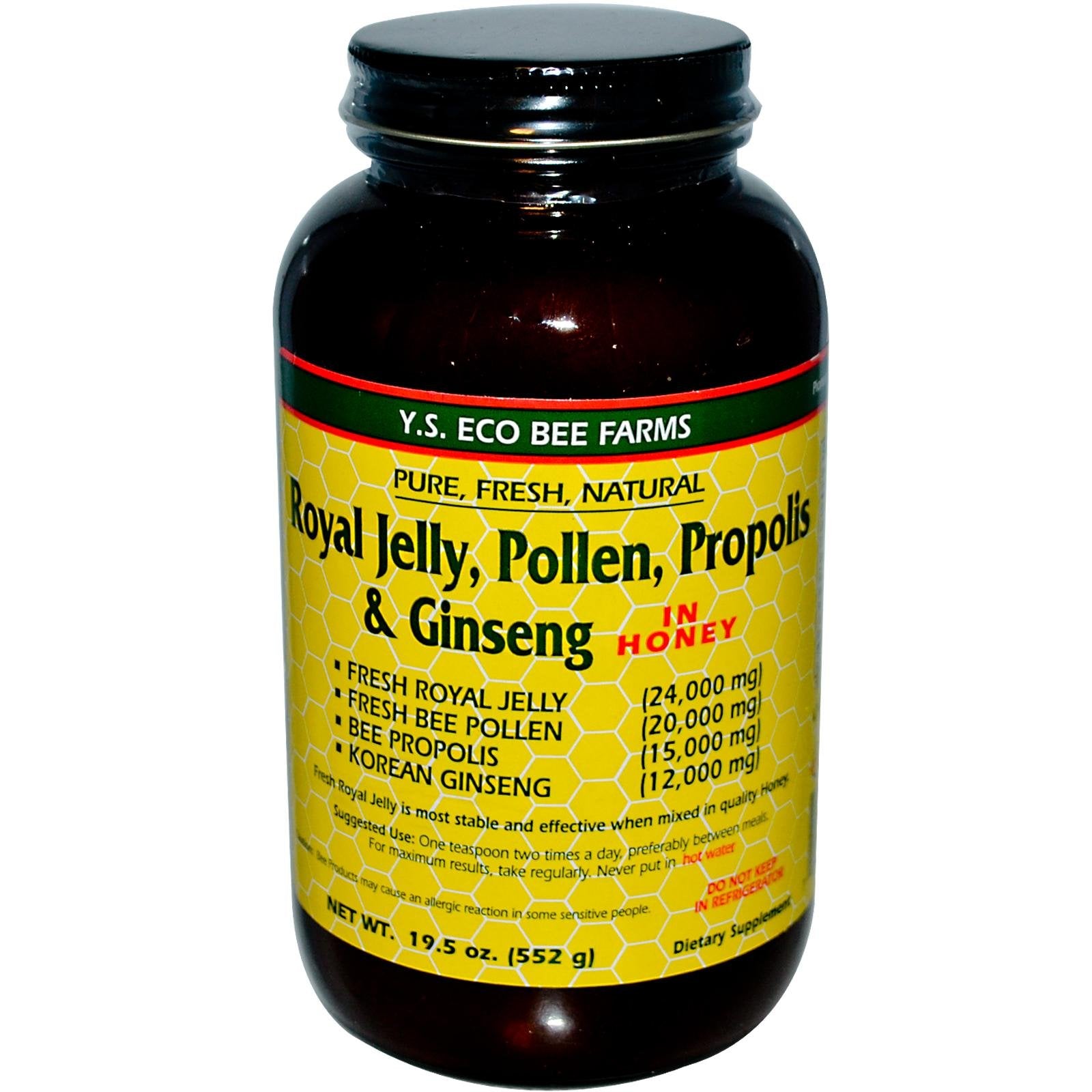YS Royal Jelly bottle pouring honey blend with pollen and propolis for daily vitality.