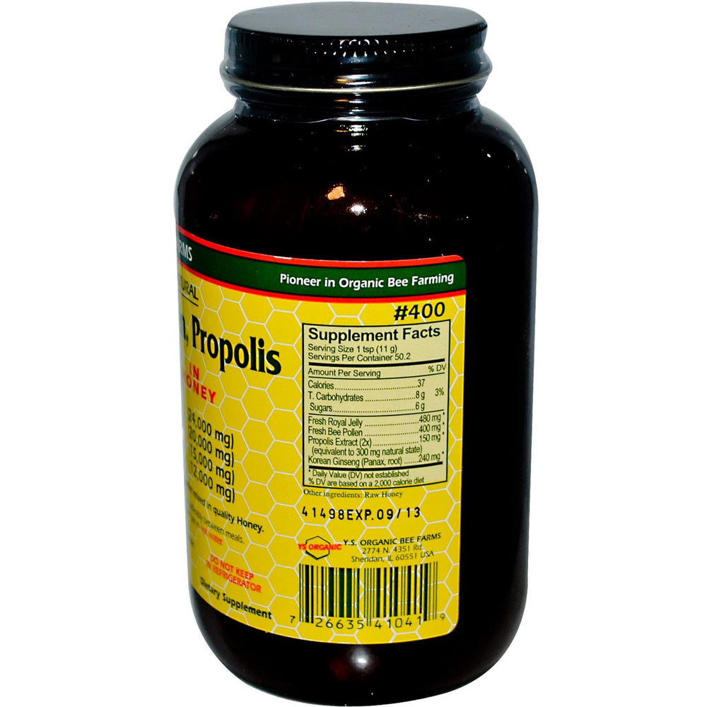 YS Royal Jelly honey jar close-up shows natural ingredients and ginseng for energy support.