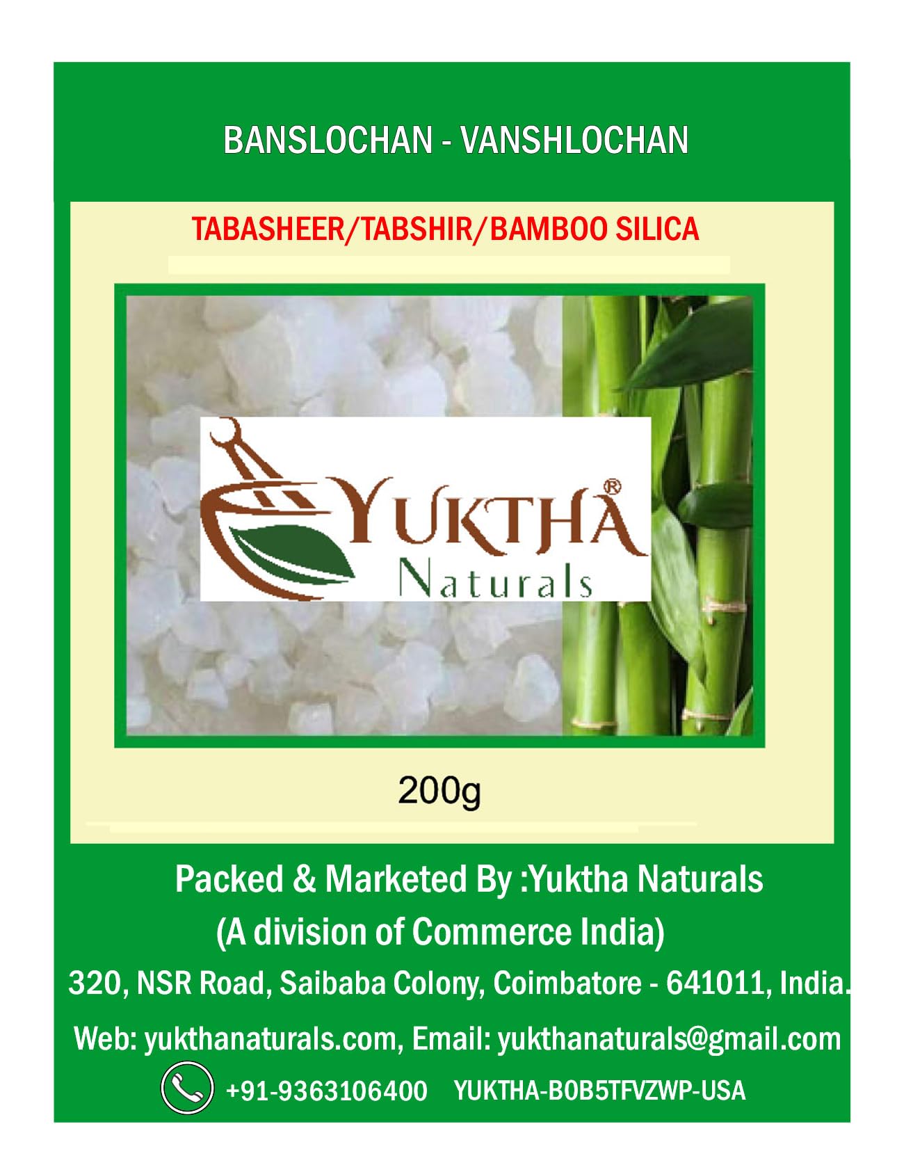 Yuktha Banslochan 200g pack shot highlighting bamboo silica for kitchen use.