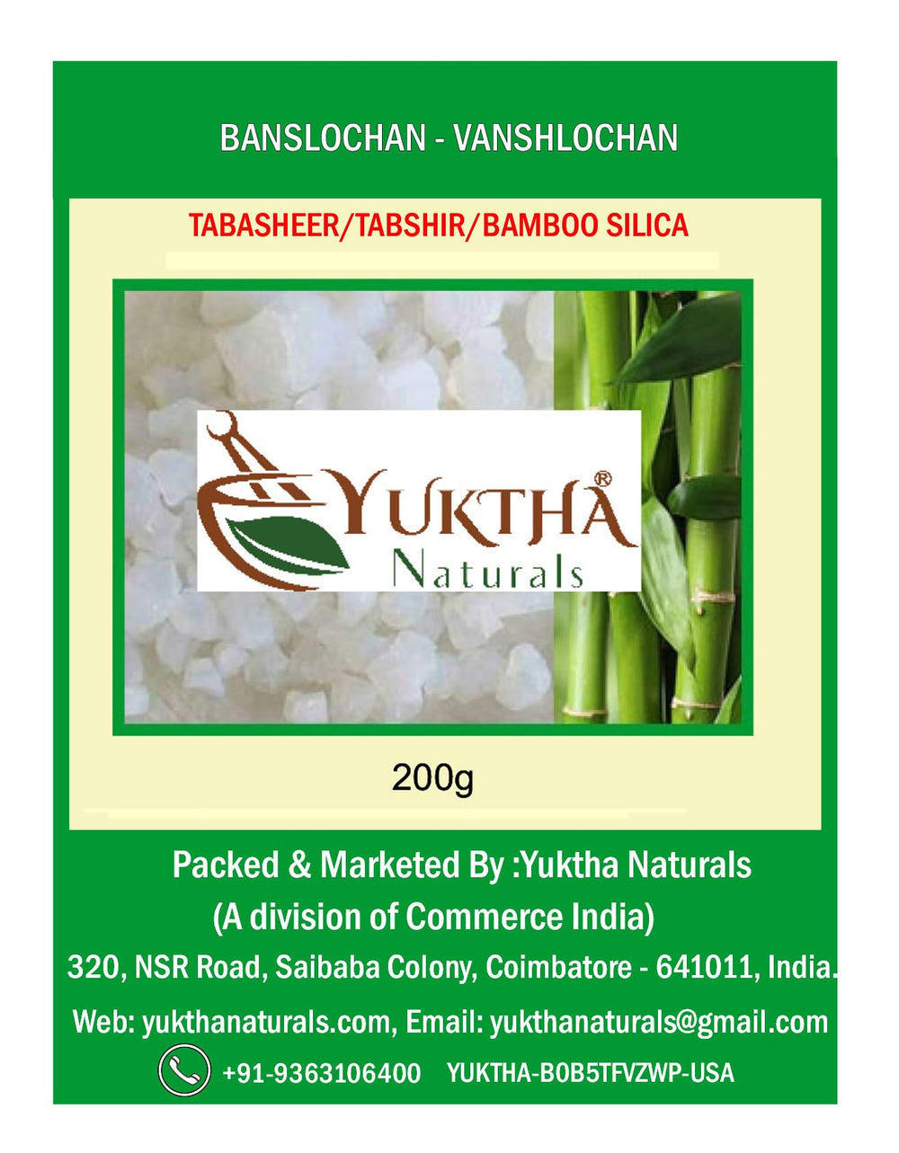 Yuktha Banslochan 200g pack shot highlighting bamboo silica for kitchen use.