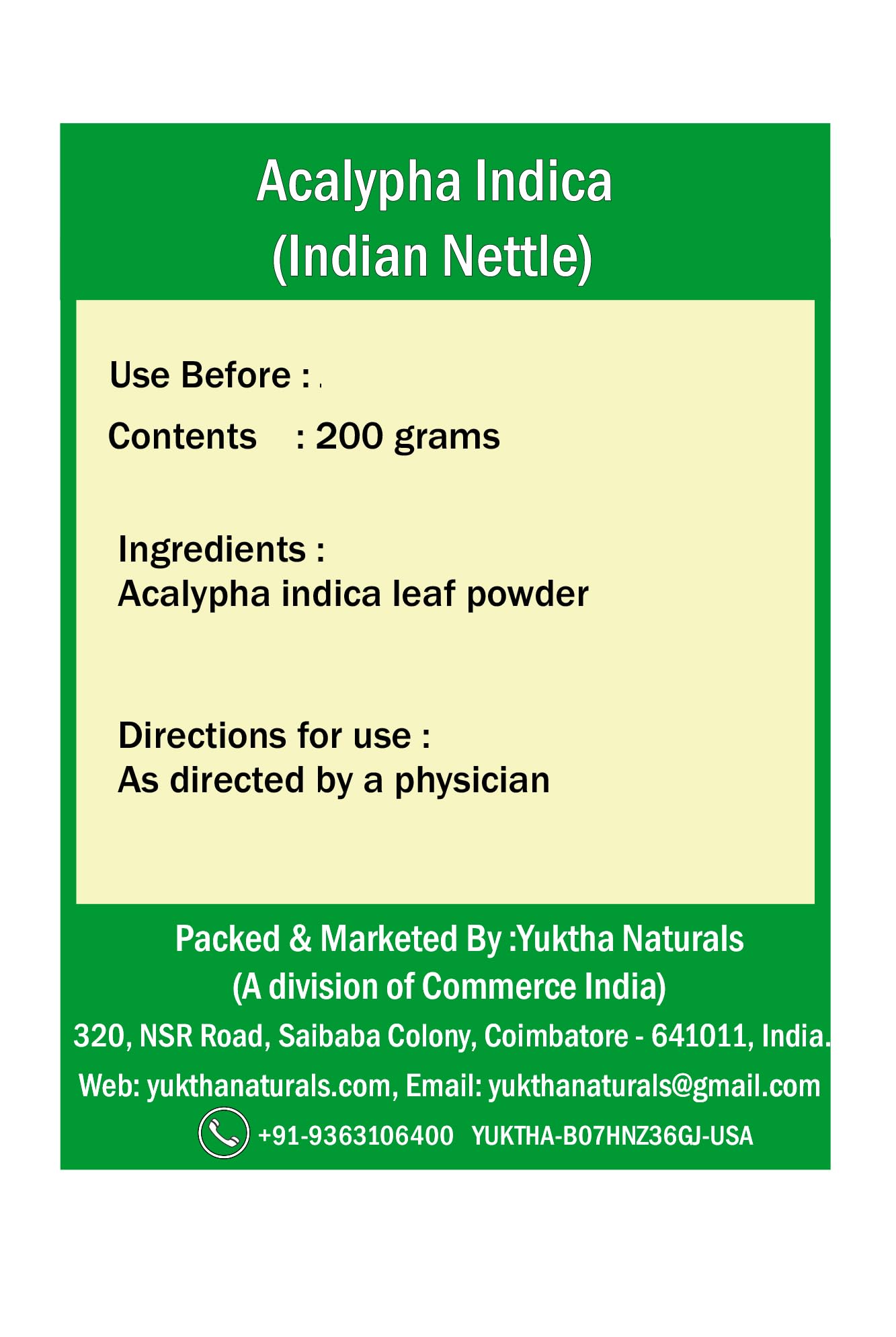 Yuktha Indian nettle powder with scoop for easy measuring.