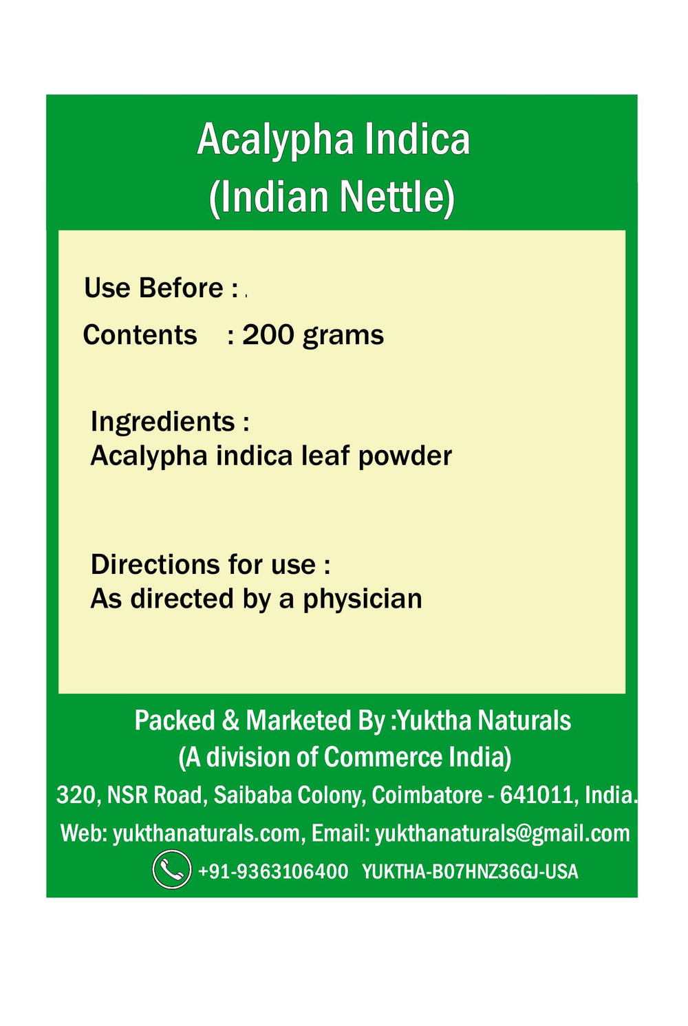 Yuktha Indian nettle powder with scoop for easy measuring.