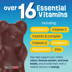 YUM-V'S 16 vitamins and minerals iconography highlights comprehensive daily support.
