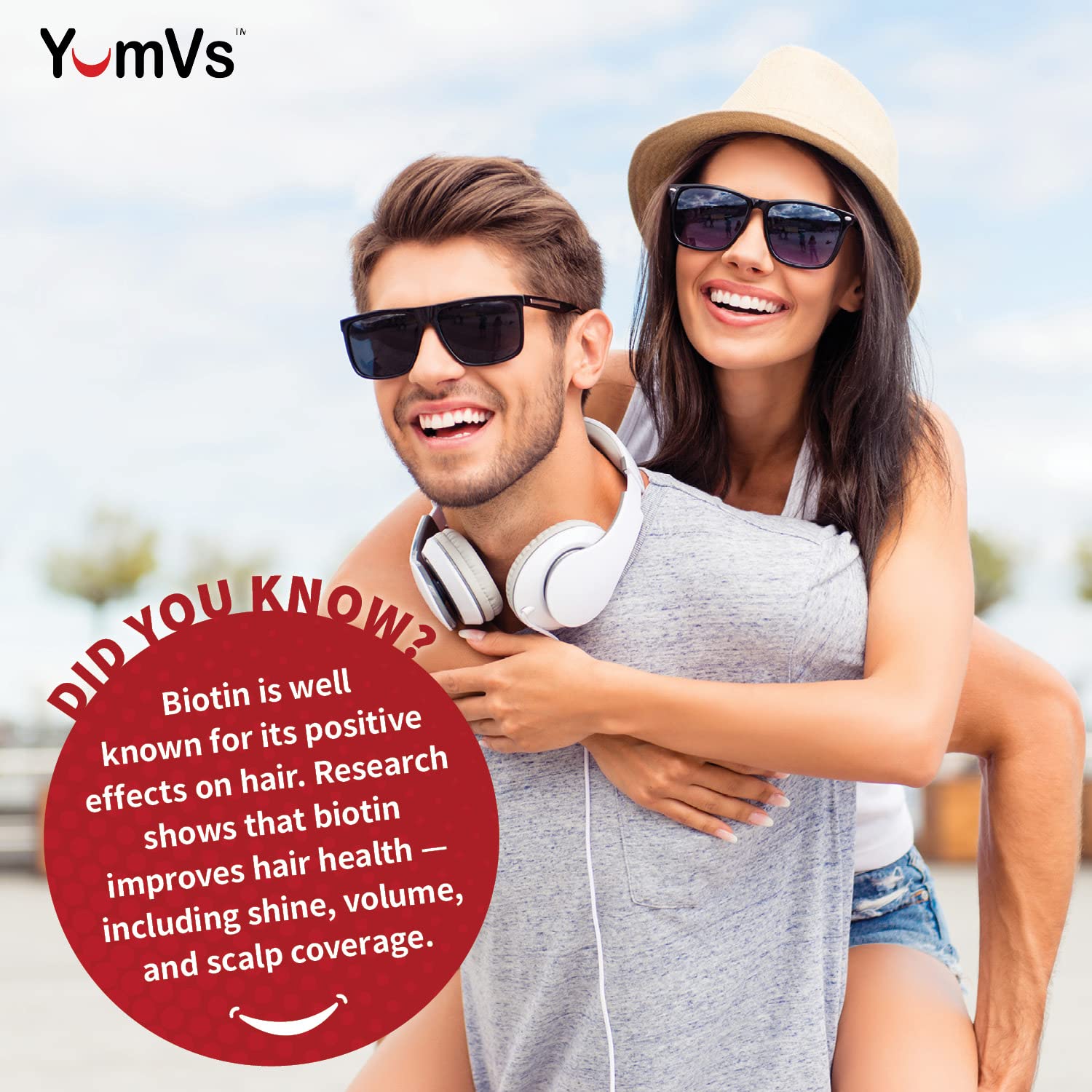YUM-V'S Biotin Gummies with kosher seal highlight vegetarian and gluten-free benefits.