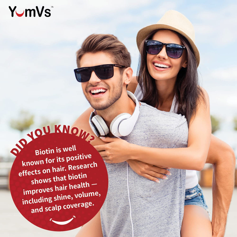 YUM-V'S Biotin Gummies with kosher seal highlight vegetarian and gluten-free benefits.