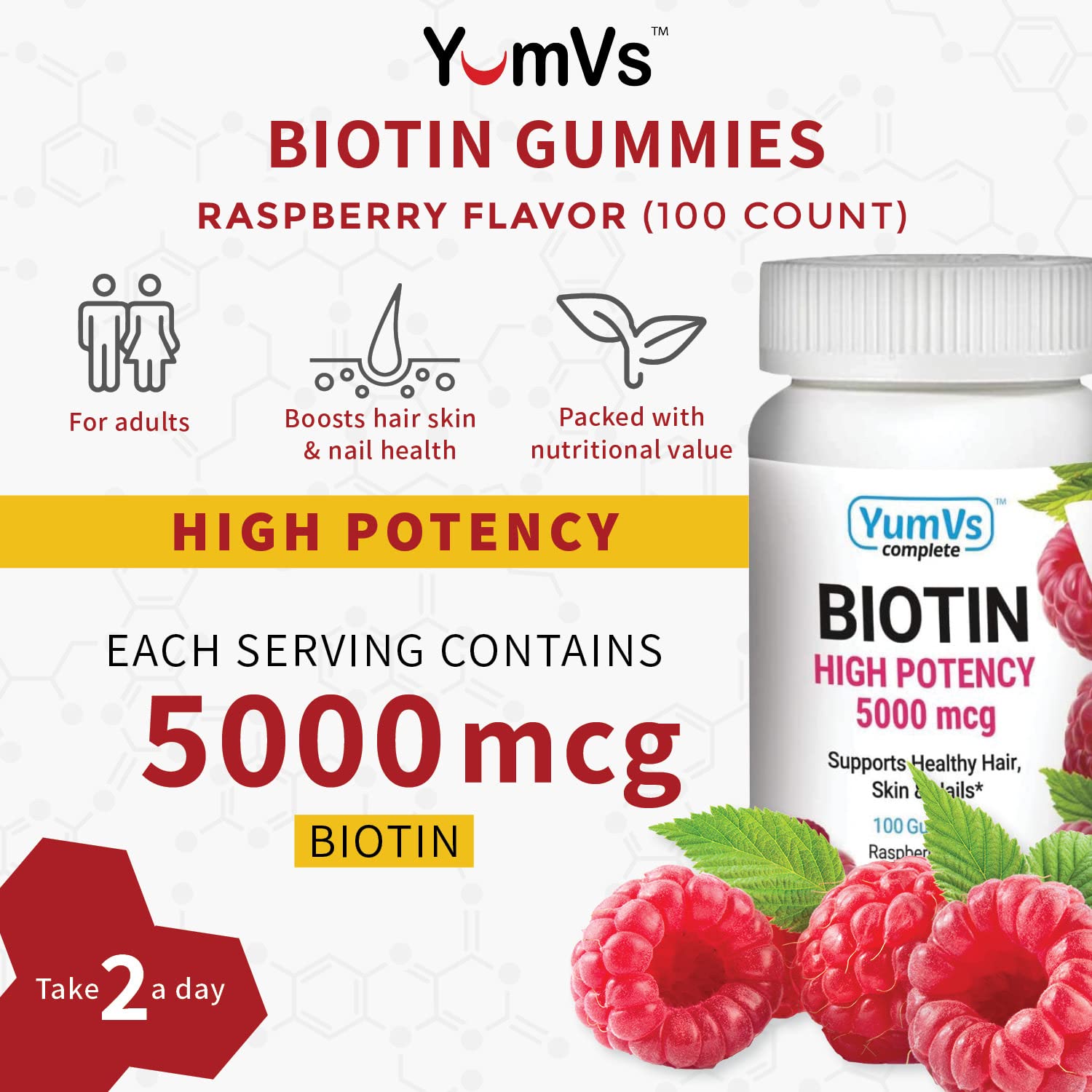 YUM-V'S Biotin Gummies label close-up highlights natural raspberry flavor for daily intake.