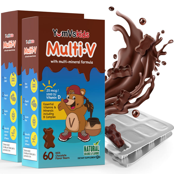 YUM-V'S Kids Multivitamin Chocolate Bears pack demonstrates easy daily nutrition for children.