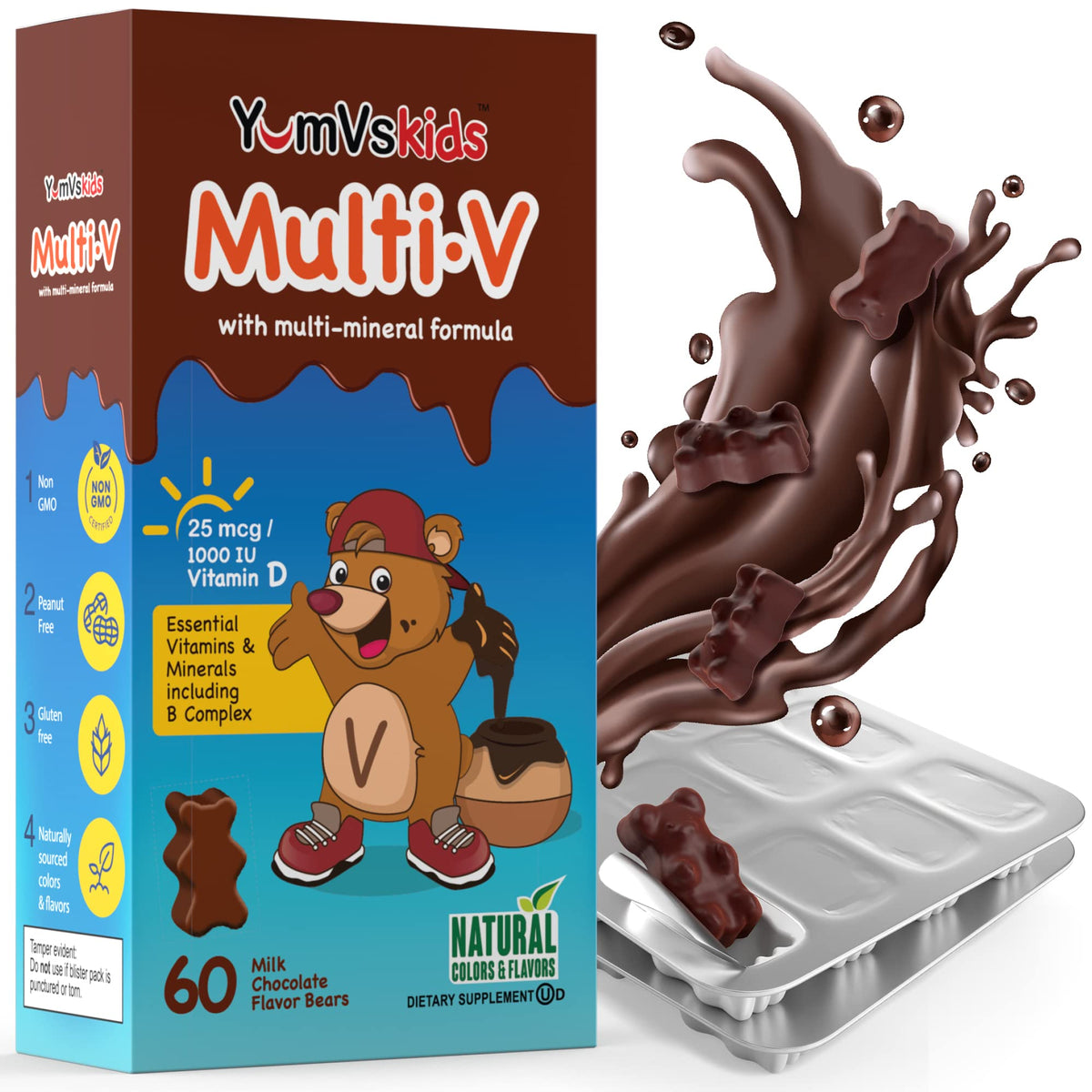 YUM-V'S Kids Multivitamin Chocolate Bears packaging for on-the-go daily use.