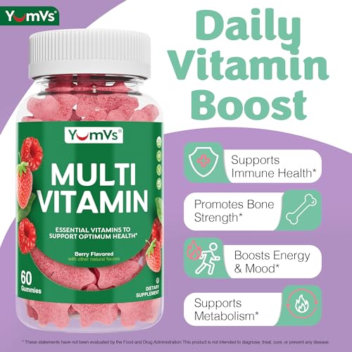 Gummies beside packaging showing vegan-friendly badge and essential nutrients.