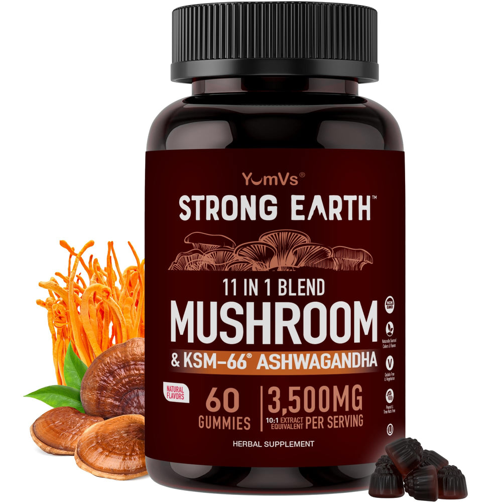 YUM-V'S mushroom gummies with Ashwagandha bottle for daily wellness