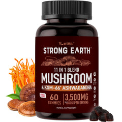 YUM-V'S mushroom gummies with Ashwagandha bottle for daily wellness