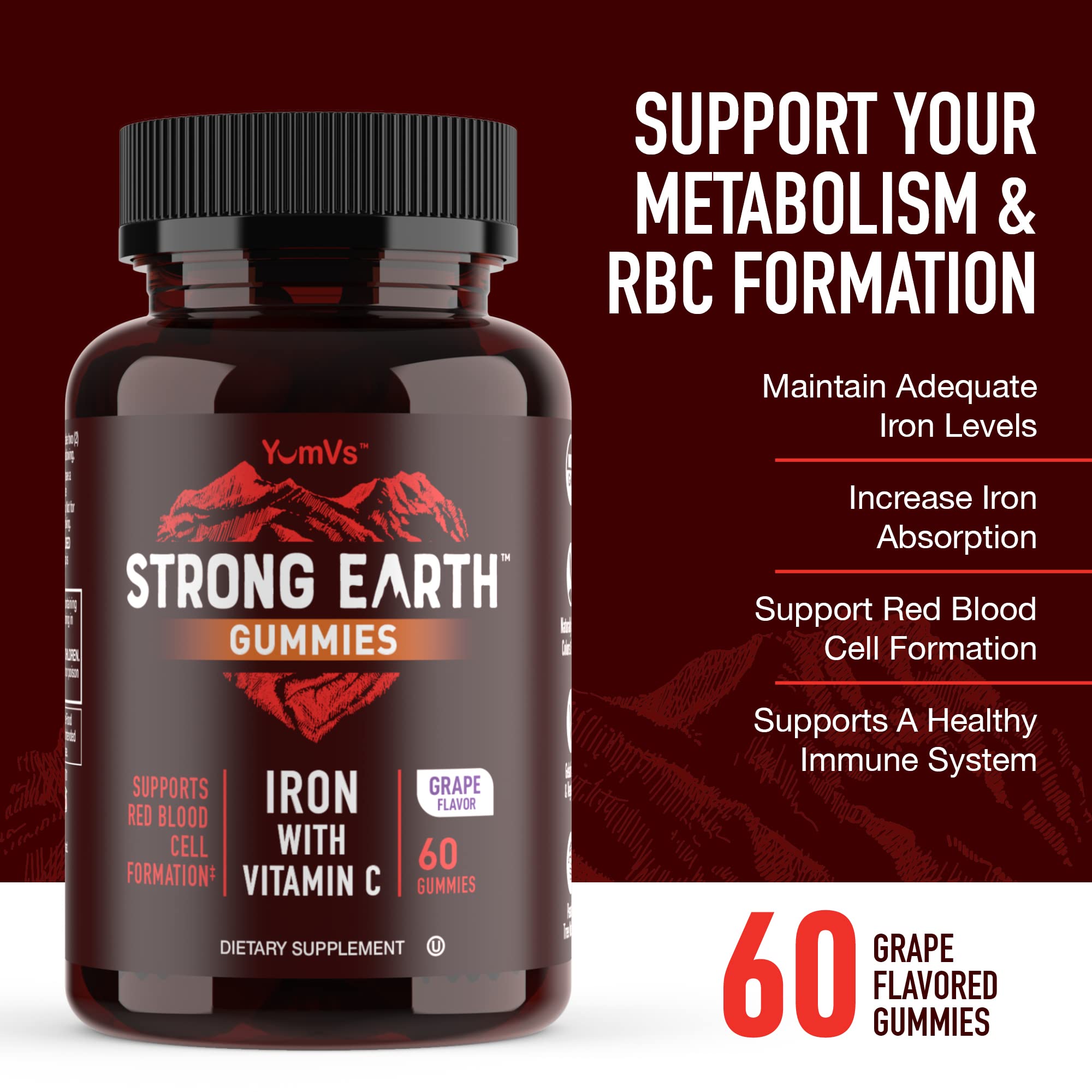 YUM-V'S Strong Earth iron gummies close-up highlights grape flavor and chewy texture.