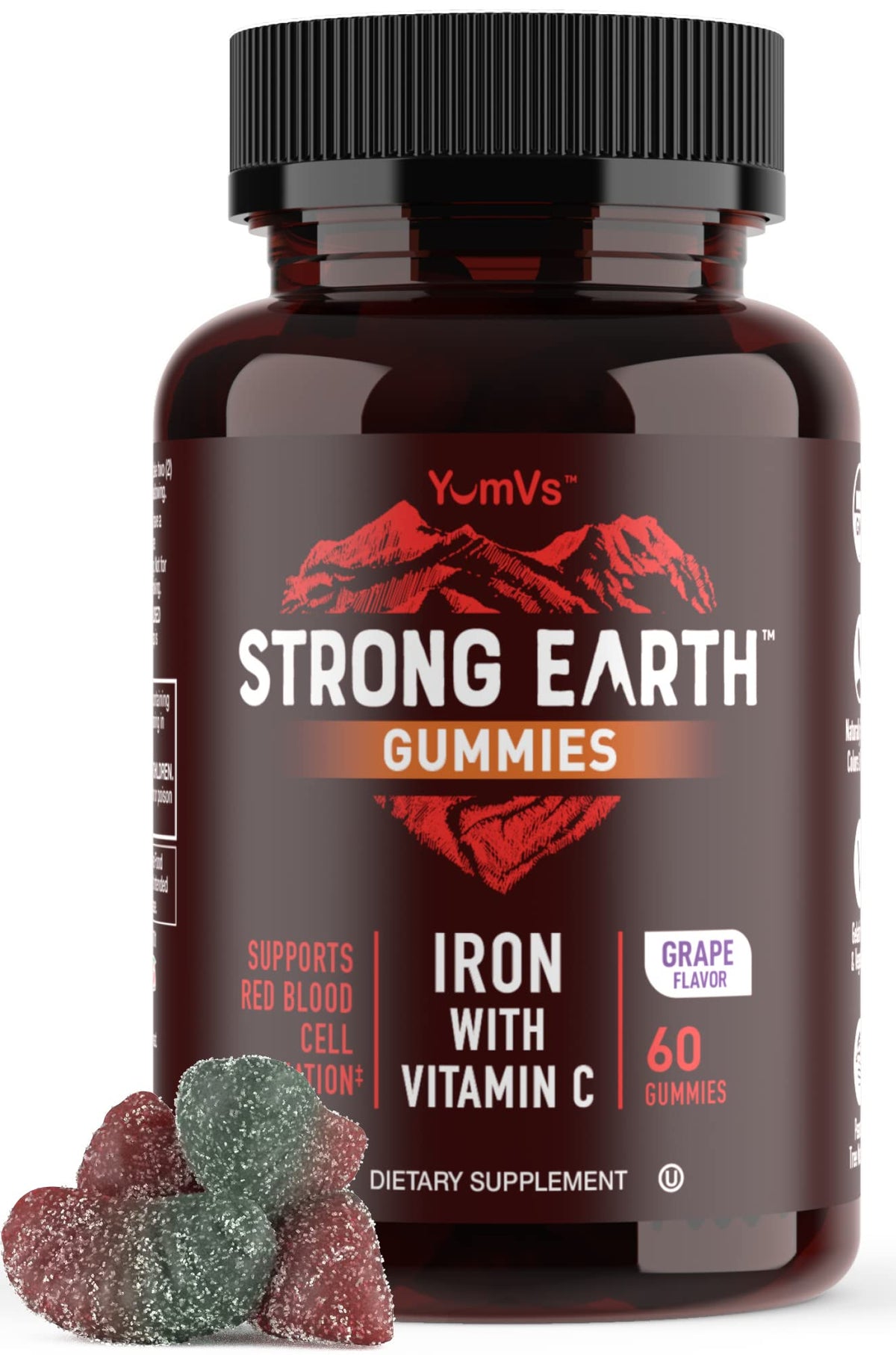YUM-V'S Strong Earth Iron gummies bottle offers a tasty daily iron option with vitamin C.