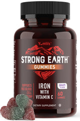 YUM-V'S Strong Earth Iron gummies bottle offers a tasty daily iron option with vitamin C.