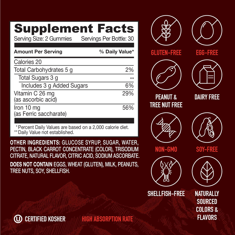 YUM-V'S Strong Earth iron gummies vegan, kosher, and non-GMO certified.