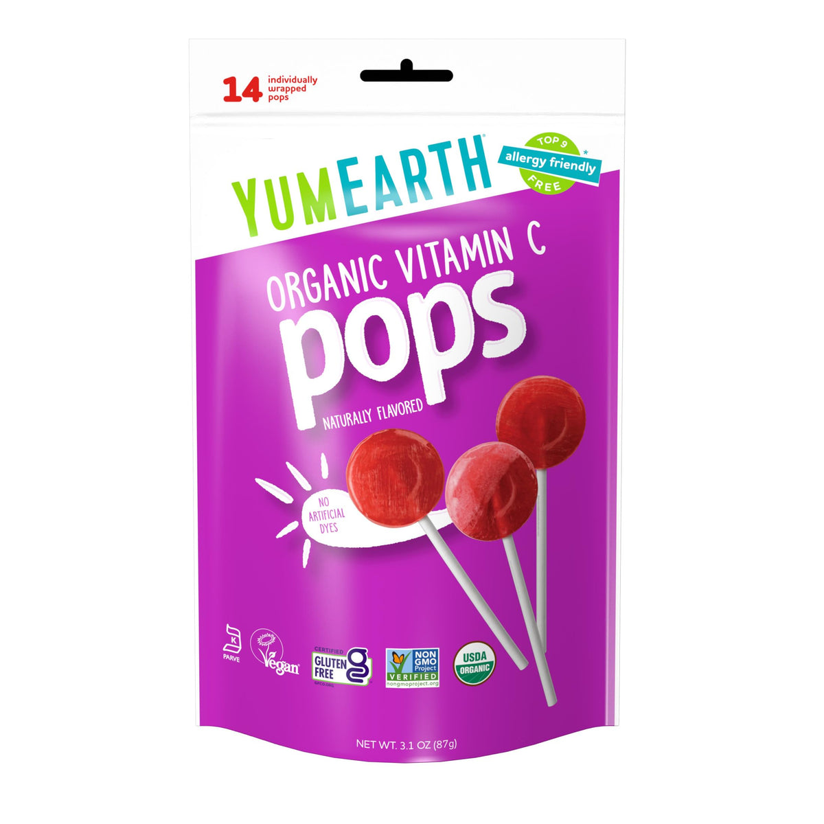 YumEarth Organic Vitamin-C Pops pack image highlighting allergy-friendly, vegan snack.